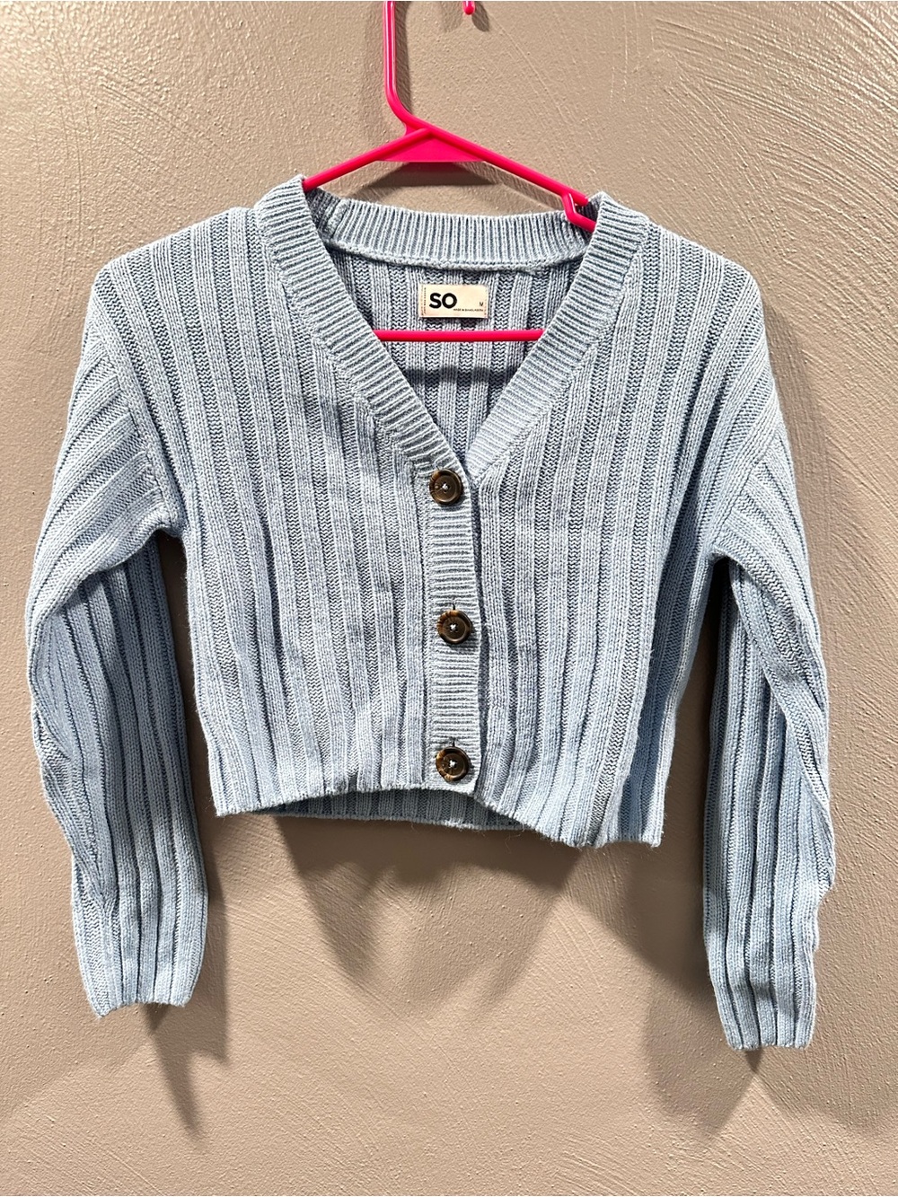 SO Light Blue Ribbed Cropped V-Neck Button Sweater